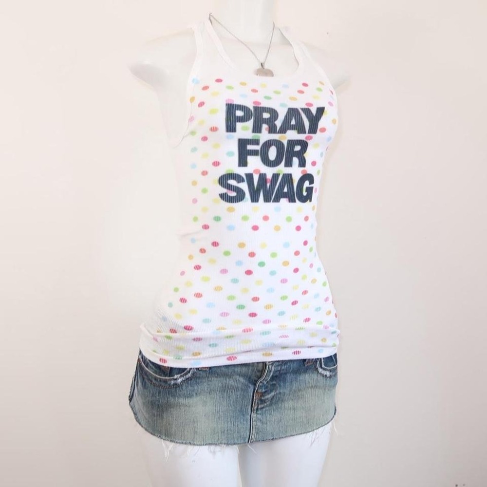 y2k pray for swag graphic tank top rainbow polka dot ribbed cami - Picture 3 of 7